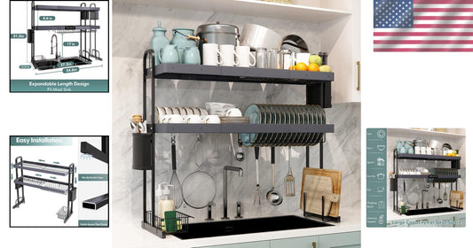 Adjustable Over Sink Dish Drying Rack - Stainless Steel 2-Tier Storage Solution