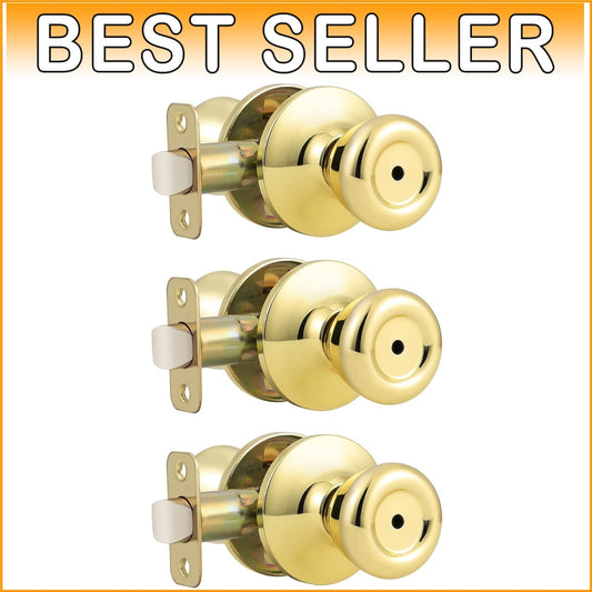 Elegant 3 Pack Keyless Privacy Door Knobs in Polished Brass - Easy Installation