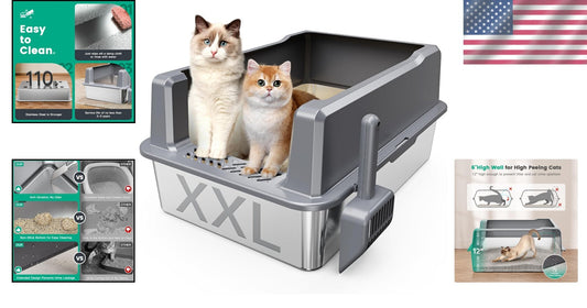 Oversized Stainless Steel Cat Litter Pan with Lid - Ideal for Big Cats & Kittens