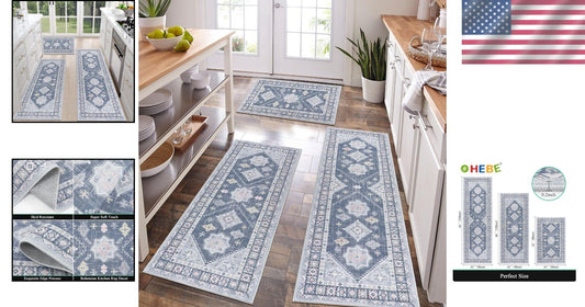 Durable Floral Kitchen Rug Set - 3-Piece with Machine Washable Runner for Safety