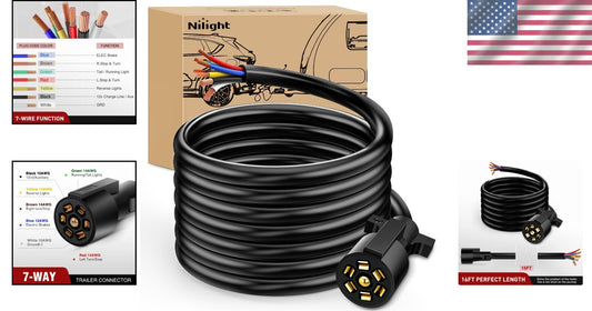 16FT Heavy-Duty 7-Way Trailer Plug Cord - Reliable Weatherproof Wiring Harness