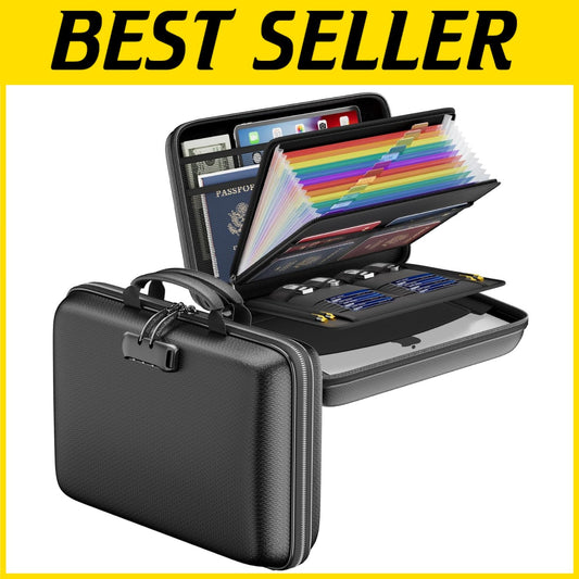Fireproof & Water-Resistant File Organizer with Lock - 13 Pocket Accordion Style