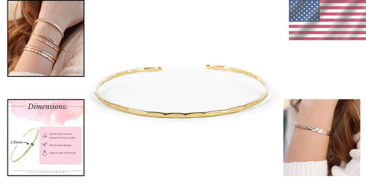 Waterproof Hammered Cuff Bracelet - Lightweight 14K Gold Fill for Everyday Wear