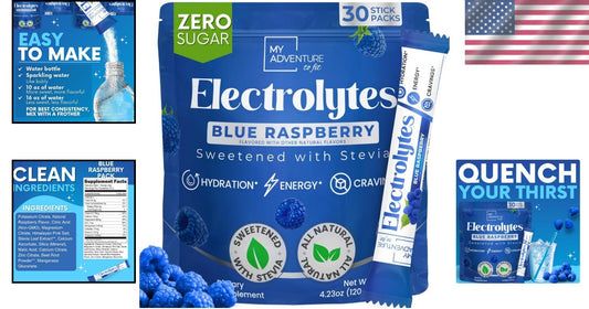 Caffeine-Free Blue Raspberry Electrolytes Powder - 30 Pack for Refreshing Energy