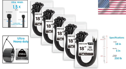 Black 18 Inch Zip Ties 250 Pack - Ultimate Strength, Indoor/Outdoor Use