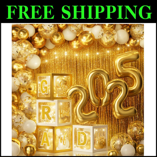 Stylish Gold & White Graduation Supplies Set with LED Lights - Class of 2025