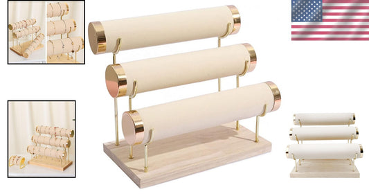 Chic Beige Velvet Bracelet Stand - Three-Tier Jewelry Display with Gold Accents