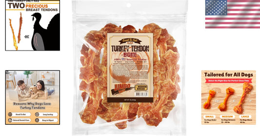 Premium Turkey Tendon Dog Treats, 1 lb for Medium Breeds - Hypoallergenic Chews