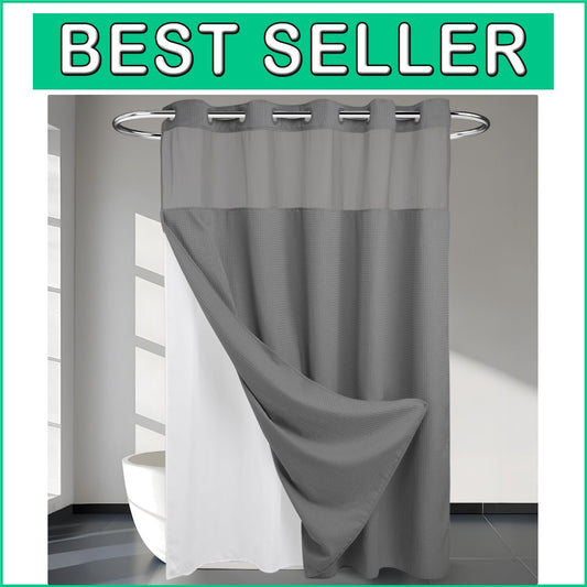 Elegant Heavyweight No Hooks Required Shower Curtain with Snap-In Liner - Gray
