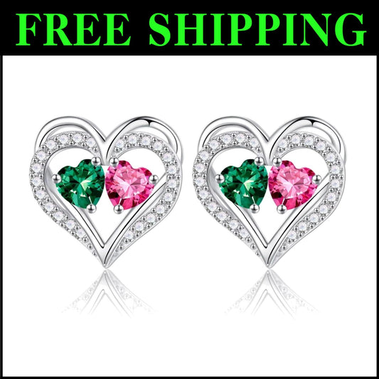 925 Sterling Silver Double Birthstone Heart Earrings - Meaningful Gifts for W...
