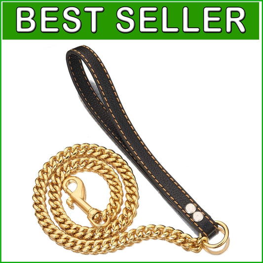 Stainless Steel Cuban Link Dog Leash with Padded Leather Handle for Large Breeds