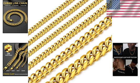 14K Gold Plated Cuban Link Necklace for Men - Adjustable Length, Multiple Widths