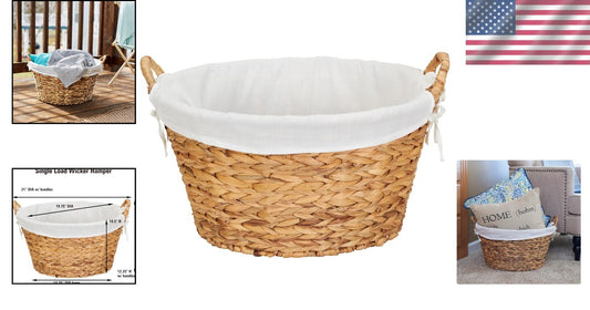 Elegant Large Round Wicker Laundry Basket with Liner, Natural Water Hyacinth