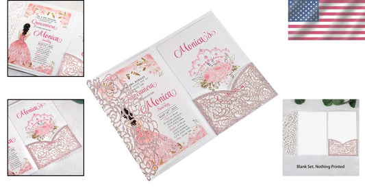 Elegant 4.7x7 Inch Rose Gold Glitter Quinceanera Invitation Kit - 50 Count