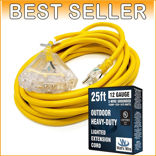 Flexible 25 ft SJTW Extension Cord - 12 Gauge, 3 Outlets, Perfect for Appliances