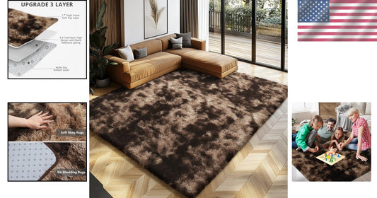 Elegant 9X12 Feet High Pile Shag Rug - Luxurious Mottling Brown for Bedrooms