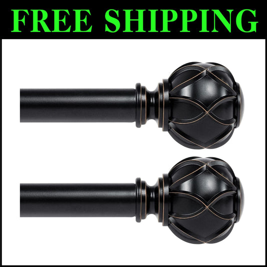 Telescoping 1 Inch Curtain Rods 28-48 In Black with Vintage Netted Finials - ...