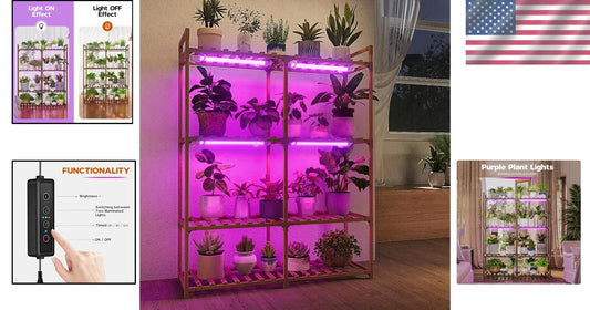 Durable Carbonized Wood Plant Rack with Integrated Grow Light - 16 Pot Capacity