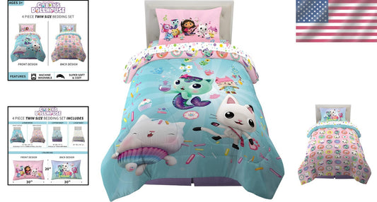 Gabby's Dollhouse Cakey & MerCat Twin Bedding Set - 4 Piece Super Soft Comforter
