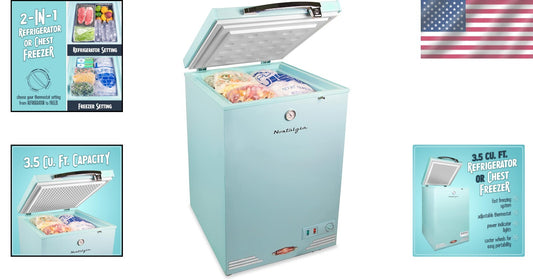 Aqua Retro Style Chest Freezer & Refrigerator - 3.5 Cu.Ft., Lock & Wheels