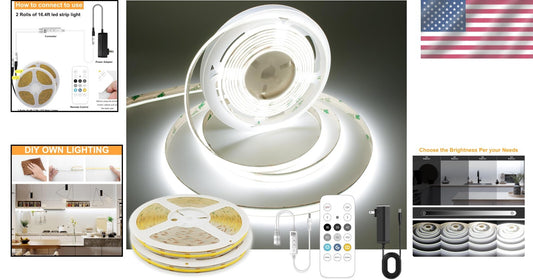 32.8ft Dimmable COB LED Strip Light - 6000K Daylight White with Remote Control