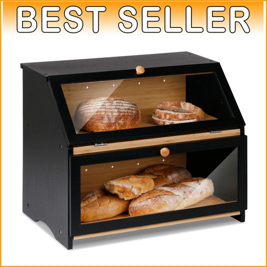 Elegant Double Layer Bread Keeper for Kitchen Counter - Handwash Only, Black