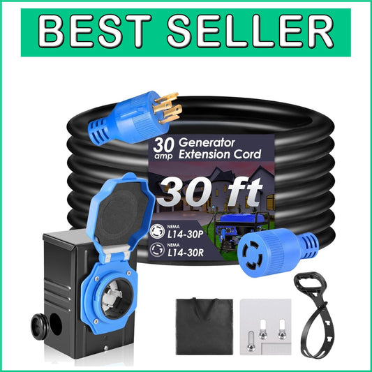 ETL Certified 30 Amp 30 FT Generator Extension Cord with Pre-Drilled Inlet Box