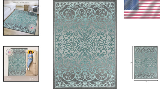 Stain-Resistant Blue/Grey Rug 5'x7' - Non-Slip & Stylish for Indoor Spaces