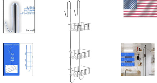 Premium Polished 3-Tier Shower Organiser - No Drill Mount with Rubber Protection