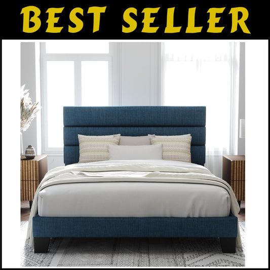 Elegant Navy Blue Full Size Bed Frame with Fabric Headboard - 800 lbs Capacity
