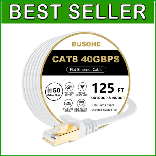 Durable 125 FT Cat 8 Ethernet Cable with Gold-Plated Connectors - Indoor/Outdoor