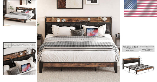 Stylish King Bed Frame with Storage Headboard & Charging Station - Vintage Black