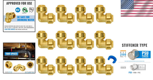 Durable 1/2 Inch 90 Degree Brass Elbows - Push PEX Plumbing Fittings Pack of 12