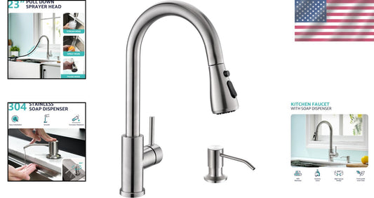 Durable Pull Down Kitchen Faucet & Soap Dispenser Combo - Easy Install 304 SS