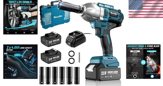 Electric Impact Wrench 21V with 2 Batteries, Case, and 6 Impact Sockets Included