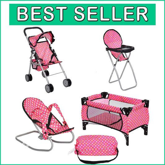 4-Piece Doll Play Set: Pack 'n Play, Stroller & High Chair for 18