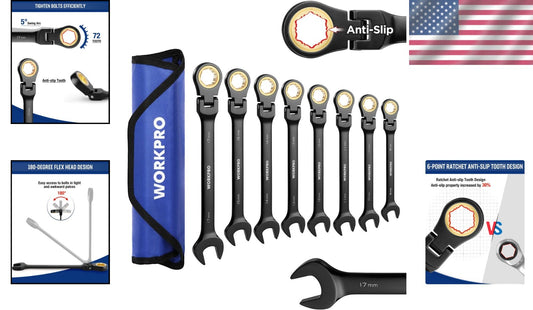 Durable 8-Piece Metric Ratcheting Wrench Set with 72 Teeth & Rolling Pouch