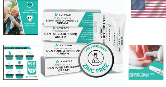 Zinc-Free Denture Adhesive Cream - 5 Pack, 8-12 Hour Hold, Natural Ingredients