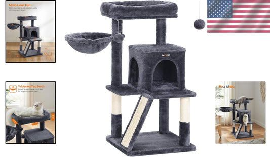 37.8-Inch Multi-Level Cat Tower with Scratching Ramp for Large Cats & Kittens