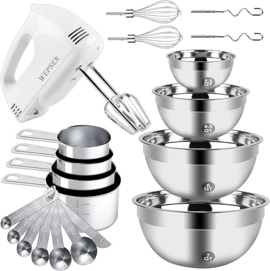 All-in-One Kitchen Mixing Set: 5-Speed Hand Mixer with Stainless Steel Bowls