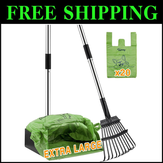 Unbreakable Dog Pooper Scooper - Extra Large Stainless Steel Tray & 43.31" Rake