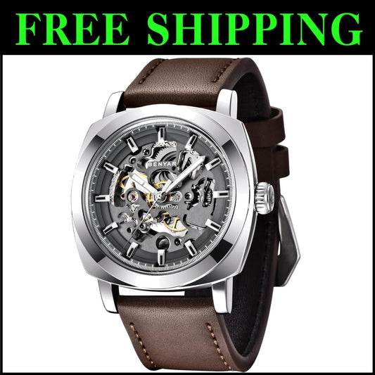 Benyar Skeleton Mechanical Watch for Men – 45mm Dial & Leather Strap Elegance