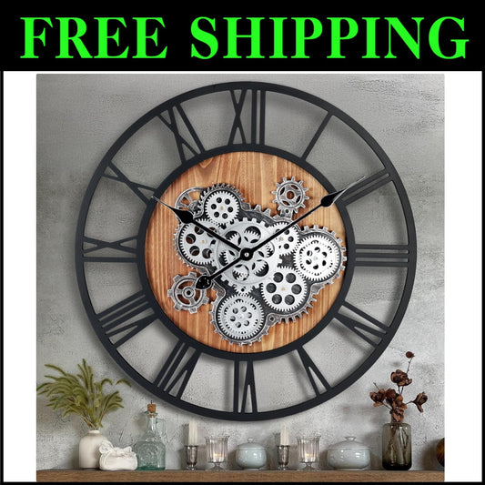Rustic 23-Inch Wall Clock with Real Gears and Roman Numerals for Kitchen