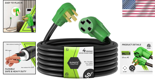 Waterproof 50ft Heavy Duty 30 Amp Dryer Power Extension Cord - ETL Listed
