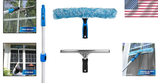 Complete Window Cleaning Kit: Squeegee, Scrubber & Extendable Pole - Blue/Black