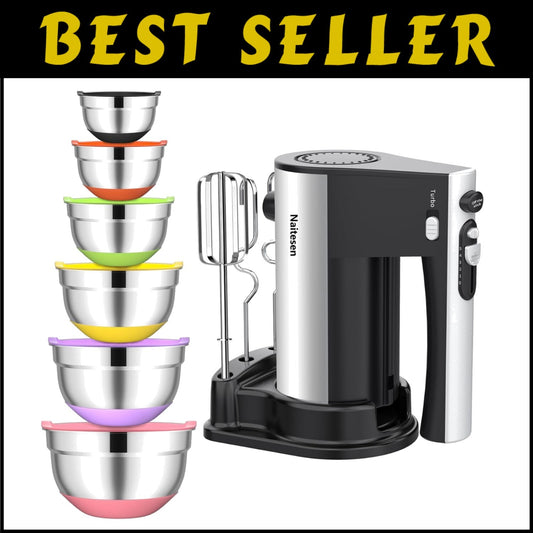 600W Electric Hand Mixer & 6 Stainless Steel Nesting Bowls with Colorful Lids