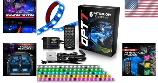 Flexible & Durable Interior Car LED Lights - 6pc with Remote Control & Charger