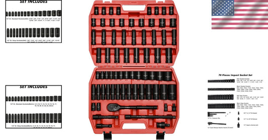 Versatile Impact Socket Set: 70 Pieces with Ratchet & Adapters - 1/2-Inch Drive