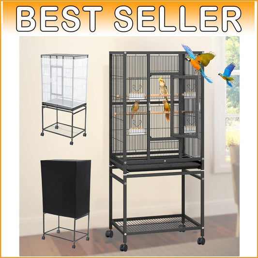 Spacious Bird Cage with Secure Lock, Seed Catcher & Storage - Ideal for Parrots