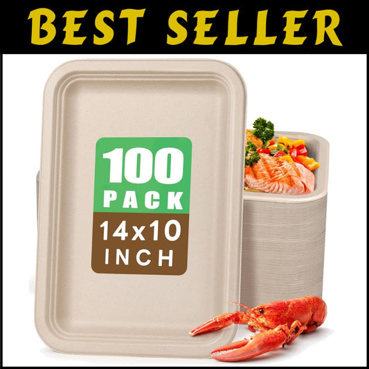 Heavy-Duty 14 Inch Compostable Food Trays - 100 Pack Natural Sugarcane Plates